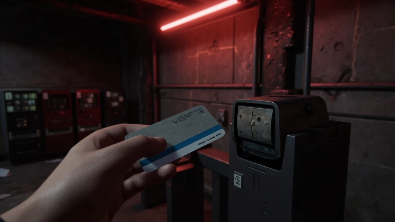 Player character holding the buried city JKV employee access card