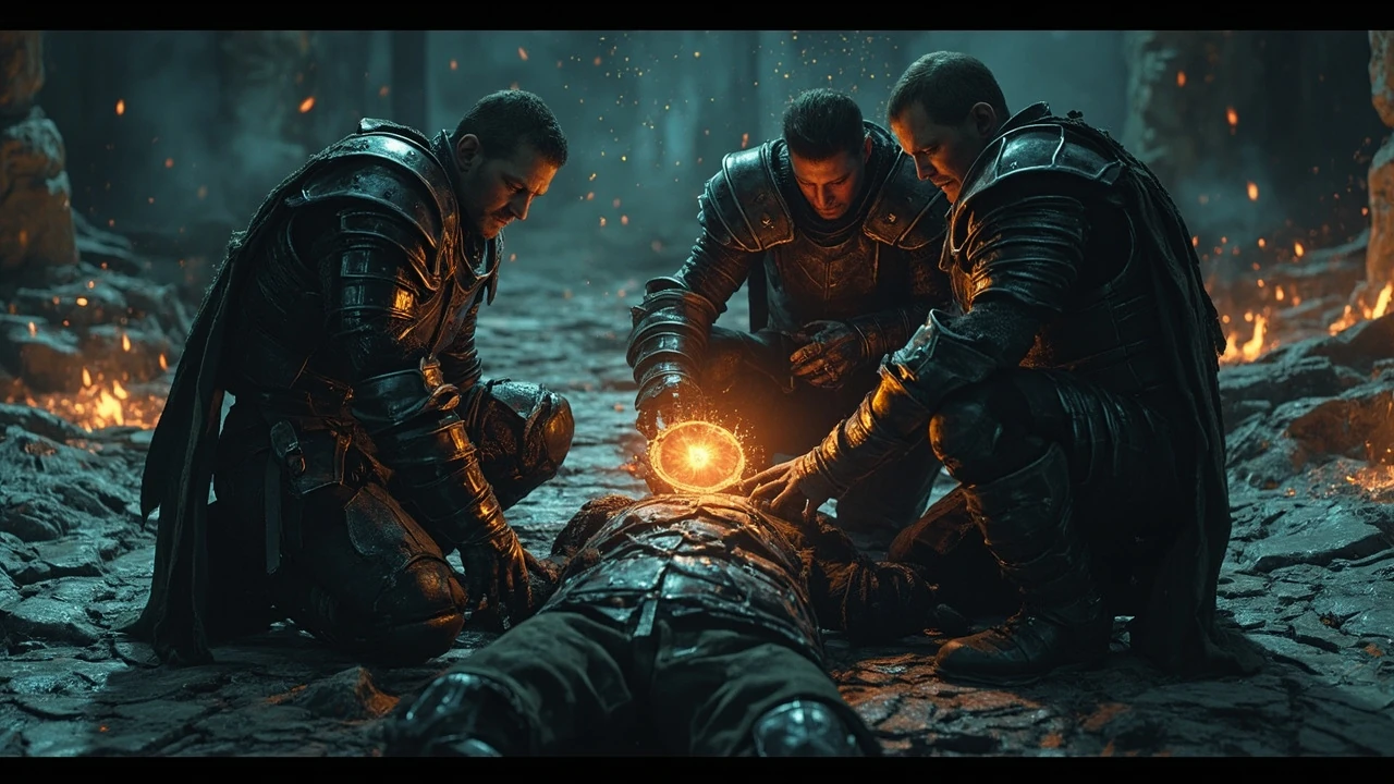 Two Nightreign players reviving a fallen ally using undertaker remembrance