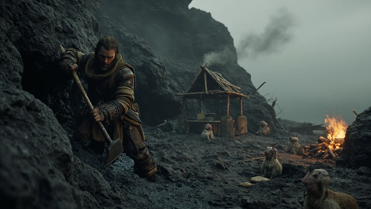 A Palworld player mining coal from a dark rock outcrop near a base campfire